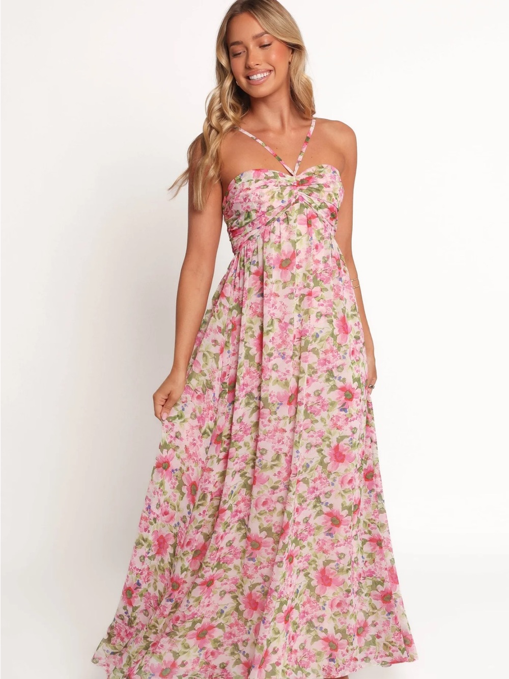 Petal & Pup Pink Floral Ruched Bodice Maxi Dress